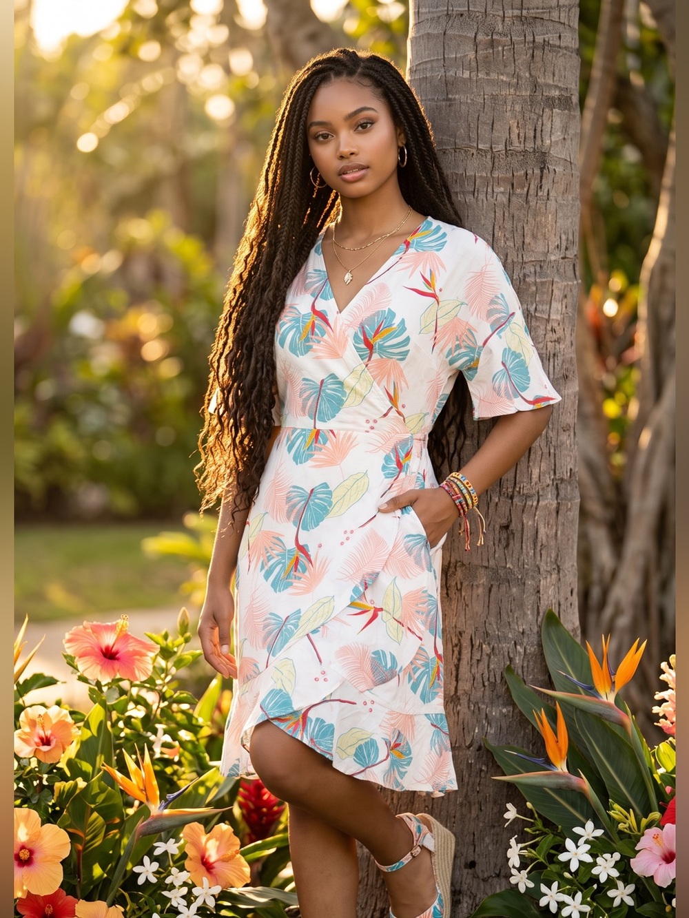 entro White Midi Wrap Dress with Coral & Teal Leaf Print